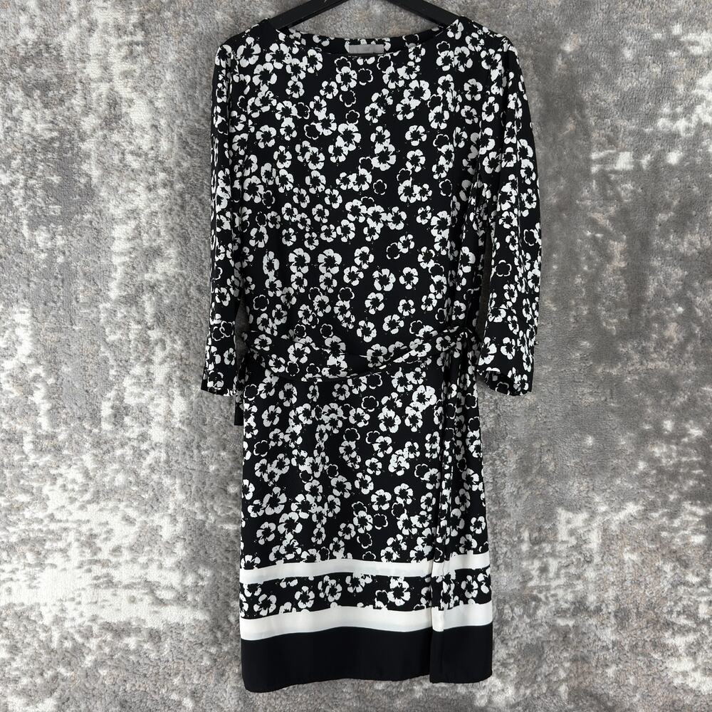 H&M Size 8 Floral Print 3/4 Sleeve Tie‎ Knee Length Shift Dress Black White